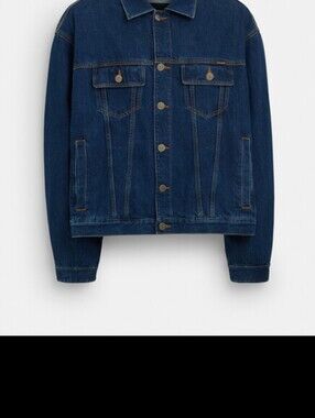 COACH Dark Wash Blue Denim Jacket with Gold Stitching